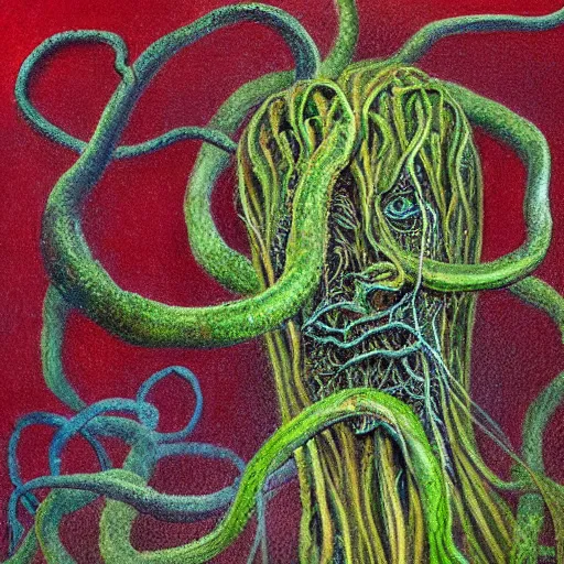 Prompt: abstract painting, award - winning painting of a edgar alan poe, infested with pitch green, grass - like, shadow roots with lots of tendrils on the skin, blue veins, intricate detail, deep red roots, infestation, shadowy, lovecraftian, beksinksi, chiaroscuro, close - up portrait shot