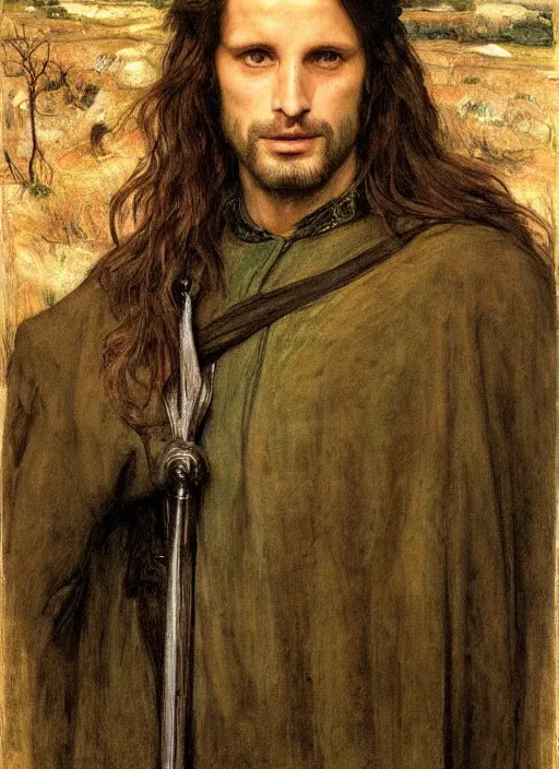 Image similar to a beautiful painting of aragorn by John Everett Millais and Dante Gabriel Rossetti and John Collier and john william waterhouse, pre-raphaelite, detailed, trending on artstation, hd, masterpiece