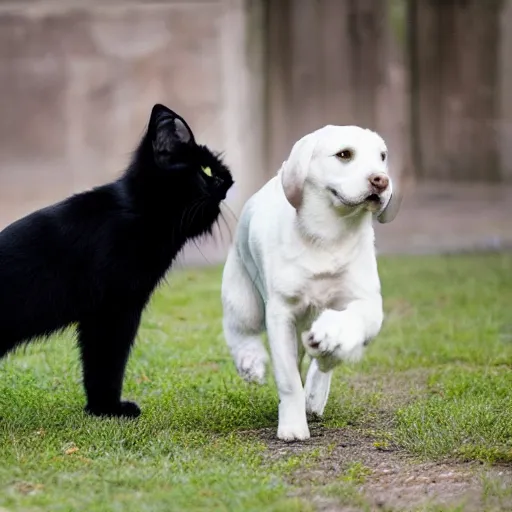 Prompt: of a black cat playing with a white dog