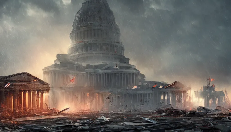 Prompt: capitol destroyed by tornado, debris, rain, hyperdetailed, artstation, cgsociety, 8 k