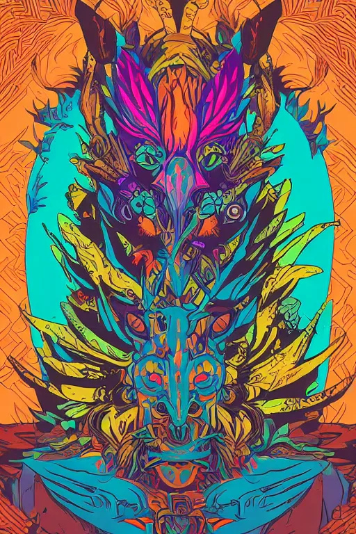 Image similar to animal mask totem roots flower tribal feather gemstone plant wood rock shaman vodoo video game vector cutout illustration vivid multicolor borderlands comics by josan gonzales and dan mumford radiating a glowing aura