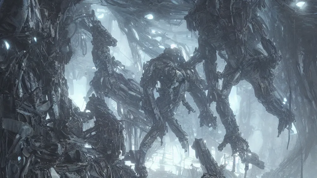 Image similar to a human wearing crysis nanosuit with powerful biological muscle augmentation, head visible, post - apocalyspe settlement with houses, hydroponic farms, cave entrance, at dawn, painted by tsutomu nihei, painted by artgerm and greg rutkowski