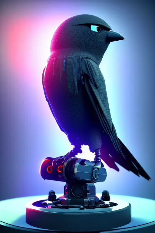 Prompt: high quality 3 d render very cute cyborg crow! next to microphone!, cyberpunk highly detailed, unreal engine cinematic smooth, in the style of blade runner & detective pikachu, hannah yata charlie immer, moody light, low angle, uhd 8 k, sharp focus