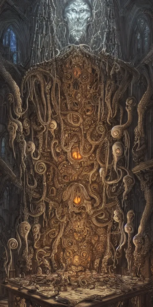 Image similar to mages with human bodies and magical armour with octopus heads sitting near the table in an ancient mage castle with enormous scale, gothic and baroque, brutalist architecture, ultradetailed, Intricate by John Howe and Josan Gonzalez and Giuseppe Arcimboldo