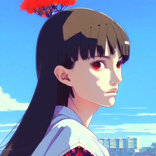 Image similar to a beautiful! boyish! natalie portman alluring gravure! model, wearing japanese school girl outfit with mayan pattern and native style, aztec street fashion, gapmoe yandere grimdark, trending on pixiv fanbox, painted by greg rutkowski makoto shinkai takashi takeuchi studio ghibli, akihiko yoshida