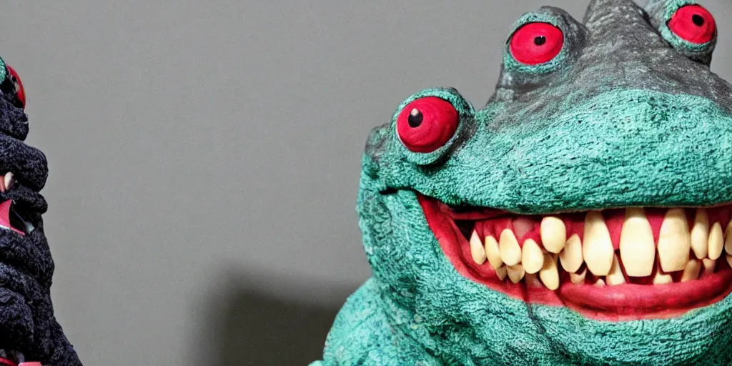 Prompt: photo of a scary yet goofy looking godzilla with googly eyes and human teeth smiling