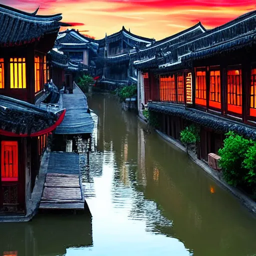 Image similar to evening water town in the south of china, zhouzhuang ancient town, sunset glow, super realistic photo