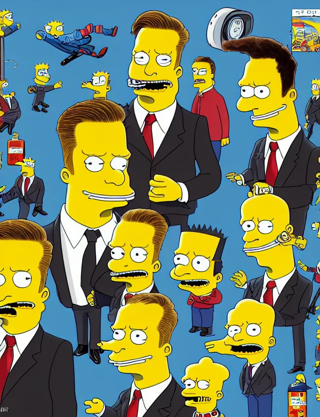 Image similar to a detailed illustration of elon musk in the style of the simpsons, trending on artstation, digital art, 4 k resolution, detailed, high quality, sharp focus, hq artwork, coherent, insane detail, character portrait