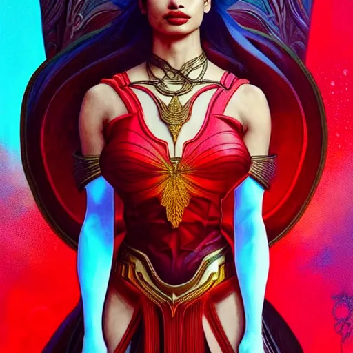 Image similar to anne curtis as darna, volumetric lights, red and cyan theme, art nouveau botanicals, intricate, highly detailed, digital painting, artstation, concept art, smooth, sharp focus, cinematic, illustration, beautiful face, art by artgerm and greg rutkowski and alphonse mucha