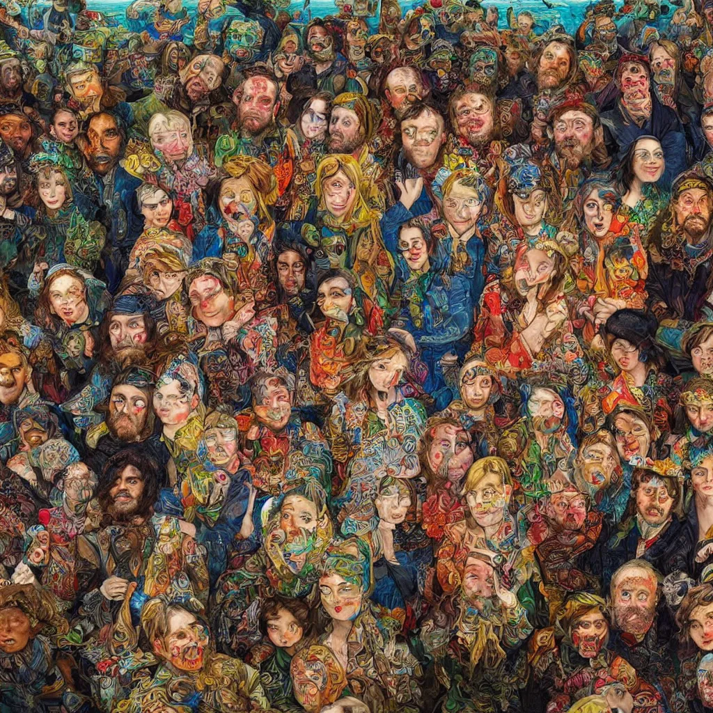 Image similar to detailed colourful masterpiece of photography group portrait of people sat down extreme closeup, in the inside of the beautiful underwater train to atlantis, detailed realistic expressions, wearing unusual clothes, ford maddox brown