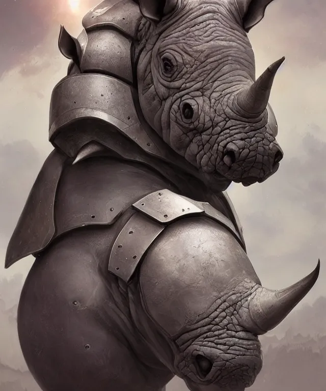 Image similar to A beautiful portrait of an anthropomorphic rhino wearing paladin armor, front facing!!, character design, by Pixar style by Tristan Eaton_Stanley Artgerm and Tom Bagshaw, hyper realism, high detail, trending on artstation, unreal engine 5, Lumen, 8k, 38mm photography