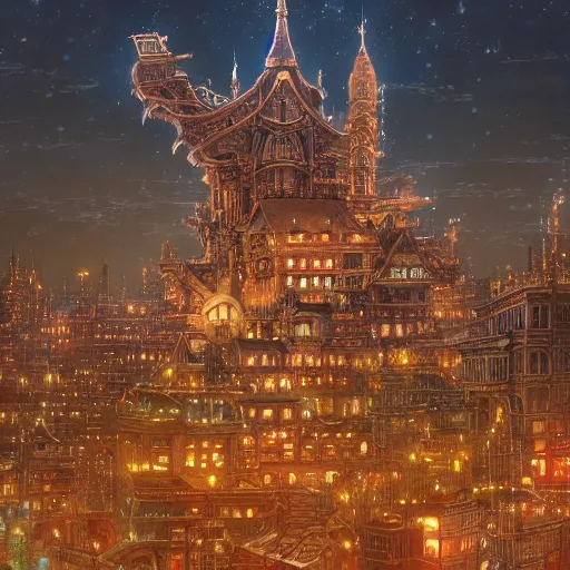 Image similar to a lot of lights, multi layered huge architectures, no people, intricate, Miyazaki Hayao, Ghibli, editor’s pickup, trending on artstation, trending on deviantart, 4K