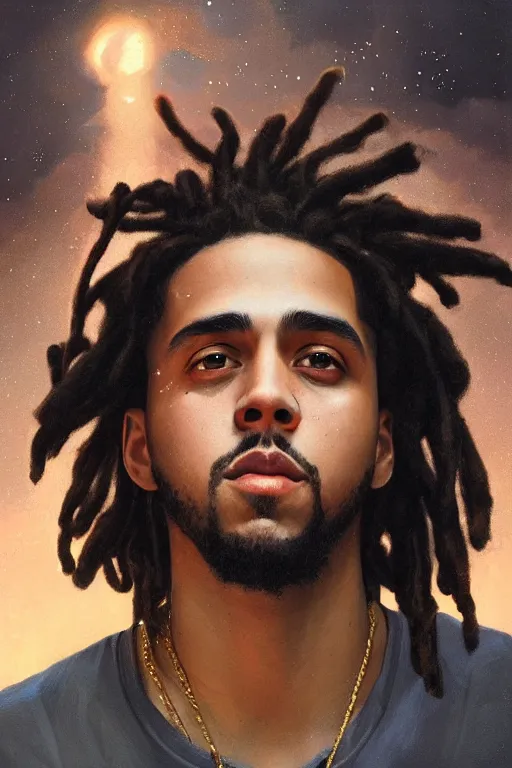 Prompt: portrait of j cole with dreads, staring directly into camera, intricate, elegant, glowing lights, highly detailed, digital painting, artstation, sharp focus, illustration, art by wlop, mars ravelo and greg rutkowski