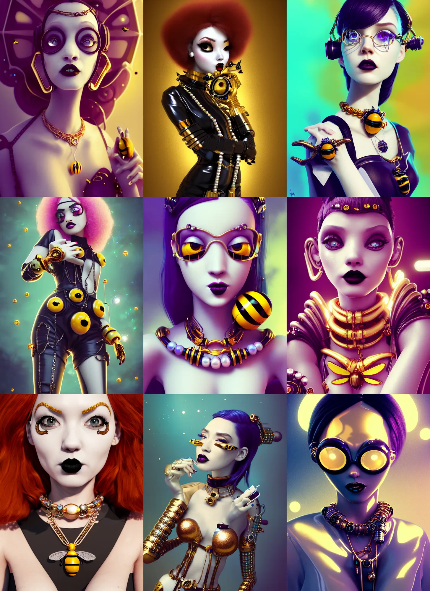 Prompt: pixar 8 k photo, beautiful shiny white porcelain rich grand pearlescent goth edc steampunk bumblebee clowncore cyborg college woman, rapper bling jewelry, golden ratio, sci fi, fantasy, cyberpunk, intricate, decadent, highly detailed, digital painting, octane render, artstation, concept art, smooth, sharp focus, illustration, art by loish, wlop