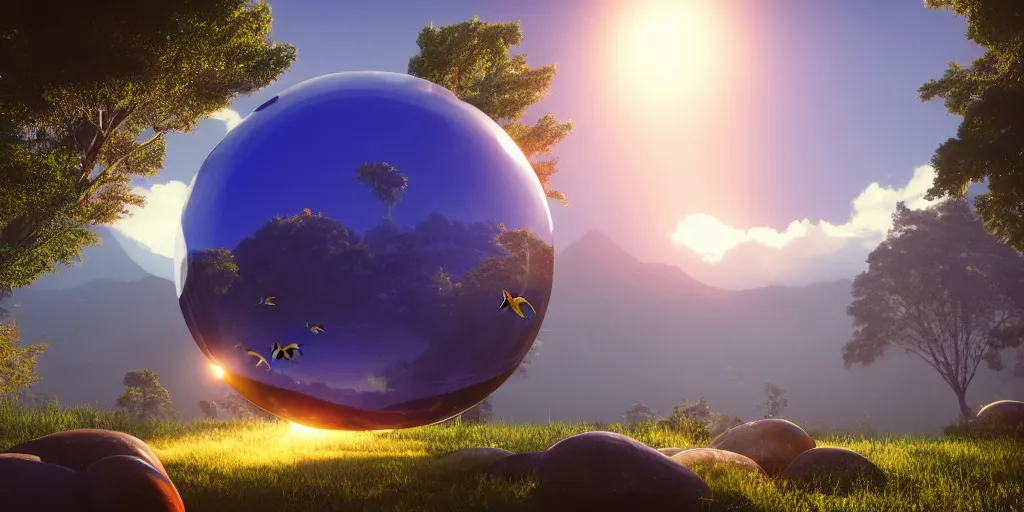 Prompt: in a huge round luminous glass sphere, there are land, sun and fish swimming in the sky, background is a nepal, octane render, unreal engine