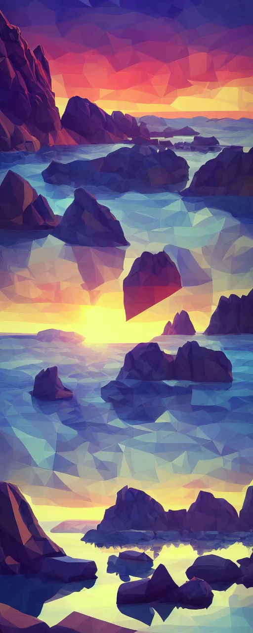 Prompt: super detailed color lowpoly art, northern sunset with rocks on front, monochrome photorealistic bay in the middle of perspective and mountains at background, big graphic ship in the middle of composition, unreal engine, high contrast color palette, 3 d render, lowpoly, colorful, digital art, perspective, robb cobb, robert mccall, syd mead