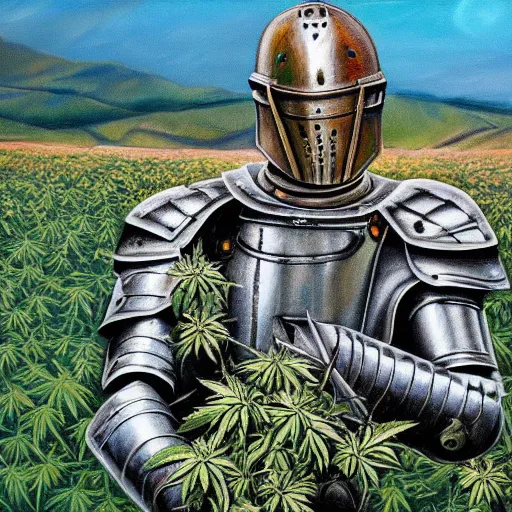 Prompt: a detailed oil painting of a full armored knight, dancing in a field of cannabis plants