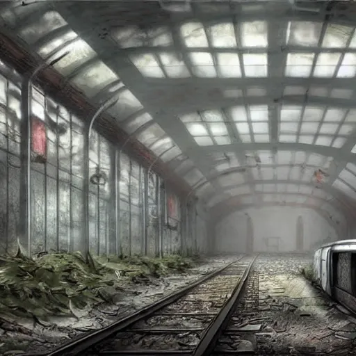 Image similar to an abandoned post apocalyptic subway station with an old decaying train, overgrown, sunlight, concept art, award winning