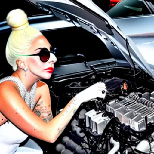 Image similar to lady gaga fixing a car engine