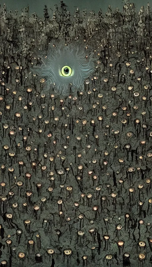 Prompt: a storm vortex made of many demonic eyes and teeth over a forest, by wes anderson,