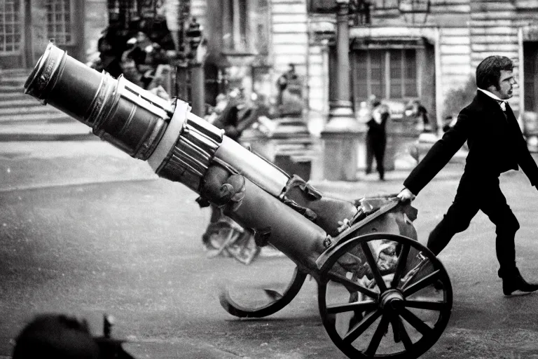 Image similar to portrait of emmanuel macron dressed as napoleon dragging a cannon in the street, natural light, sharp, detailed face, magazine, press, photo, steve mccurry, david lazar, canon, nikon, focus