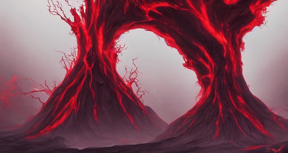 Image similar to a volcano made of ivory vines and crimson rocks enters in eruption, it spits a smoke in the shape of demonic eye, by D&D Concept Artists