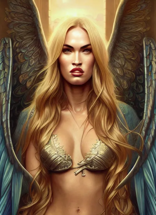 Image similar to portrait of megan fox as an blonde angel, wings, bible, intricate, headshot, highly detailed, digital painting, artstation, concept art, sharp focus, cinematic lighting, illustration, art by artgerm and greg rutkowski, alphonse mucha, cgsociety