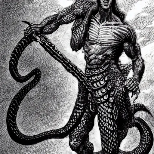 Prompt: a male naga, serpent body, kentaro miura art style