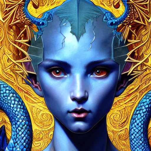 Image similar to closeup of a medieval fantasy blue dragon with electrcity magic, fantasy, d & d, high details, art by ( ( ( kuvshinov ilya ) ) ) and wayne barlowe and gustav klimt and artgerm and wlop and william - adolphe bouguereau