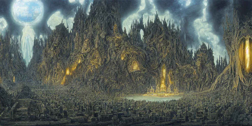 Image similar to Artwork by John Howe of the cinematic view of the Great Sanctum of Annihilation.