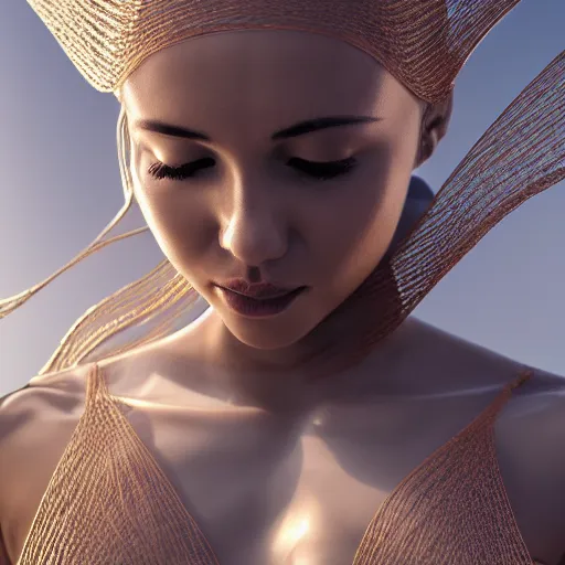 Prompt: a highly detailed digital image of an elegantly posed futuristic woman beautifully swimming, and intertwined from golden liquid like leaves, full body shot, by Andrew Chiampo, artstation, and Frederik Heyman, extremely detailed woman, stunning volumetric lighting, hyper realism, fantasy 4k