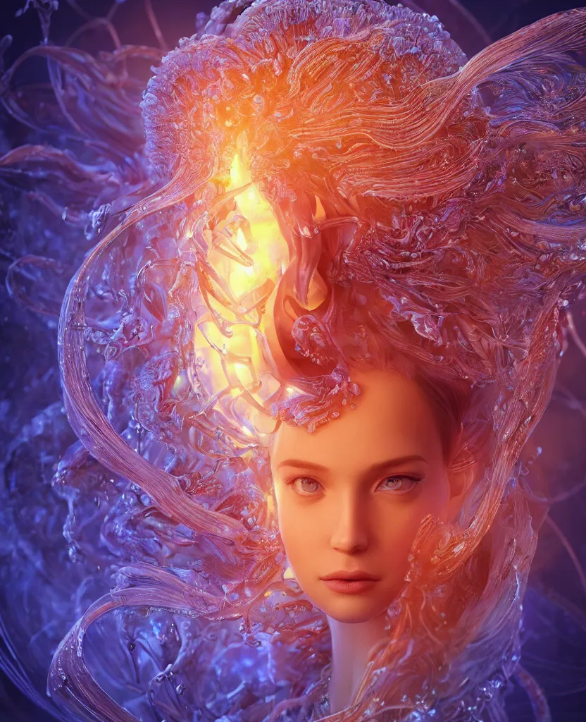 Image similar to close-up macro portrait of the face of a beautiful princess, epic angle and pose, symmetrical artwork, 3d with depth of field, blurred background, cybernetic jellyfish female face skull phoenix bird, translucent, nautilus, energy flows of water and fire. a highly detailed epic cinematic concept art CG render. made in Maya, Blender and Photoshop, octane render, excellent composition, cinematic dystopian brutalist atmosphere, dynamic dramatic cinematic lighting, aesthetic, very inspirational, arthouse. y Greg Rutkowski, Ilya Kuvshinov, WLOP, Stanley Artgerm Lau, Ruan Jia and Fenghua Zhong