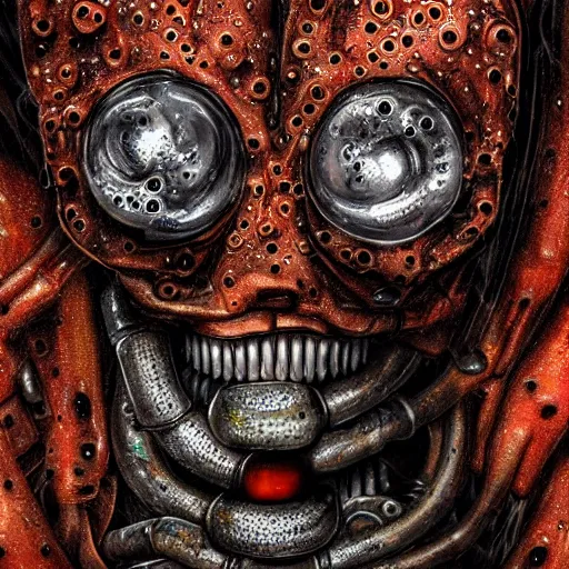 Prompt: a close up of a wet glistening slick machine made of gums tongues and raw meat rust, in a factory, concept art by giger, cgsociety, assemblage, trypophobia, greeble, grotesque, biomechanical open mouth with tongues, industrial dripping drooling saliva ooze