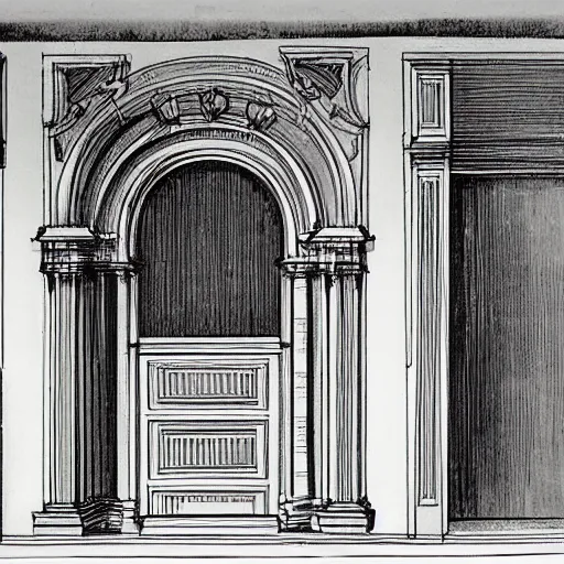 Prompt: the sketch of an opera scenoraphy designed of curved stairs and doors and windows frames by frazzeta.