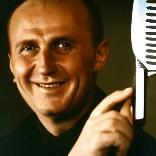 Prompt: sinister kgb agent smiling with a knife in his hand portrait close up