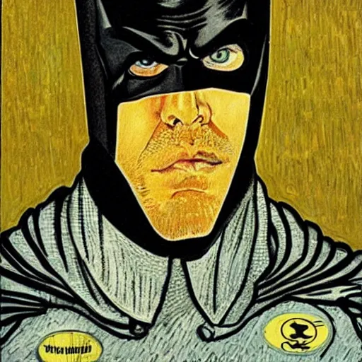 Image similar to portrait of batman, mash - up between mc escher and vincent van gogh