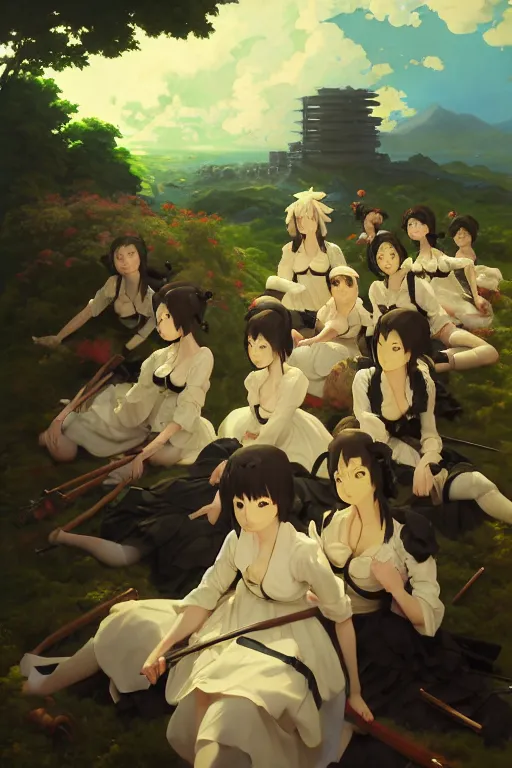 Prompt: baroque oil painting of key visual portrait concept art of anime maids entrenched in the great war, brutalist, dark fantasy, rule of thirds golden ratio, fake detail, trending pixiv fanbox, acrylic palette knife, style of makoto shinkai studio ghibli genshin impact jamie wyeth james gilleard greg rutkowski chiho aoshima