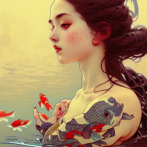 Prompt: Portrait of a girl surrounded by Koi fish, face, fantasy, intricate, elegant, highly detailed, digital painting, artstation, concept art, smooth, sharp focus, illustration, art by Loish and Artem Demura and alphonse mucha