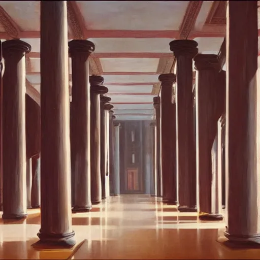 Prompt: painting of a scifi ancient civilzation victorian empty room with pillars, syd mead, franz ludwig