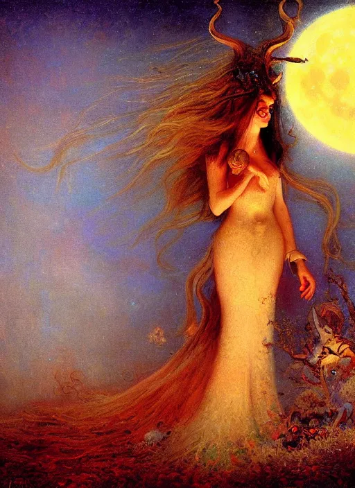 Image similar to surrealism, abstract, witch, portrait, close - up, make up, full big moon, painting by gaston bussiere, soft light