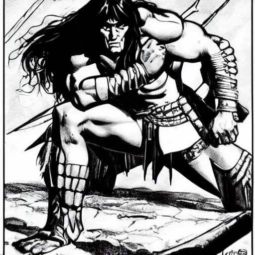 Image similar to a detailed illustration of conan the barbarian kneeling before an oriental idol marvel comics art style