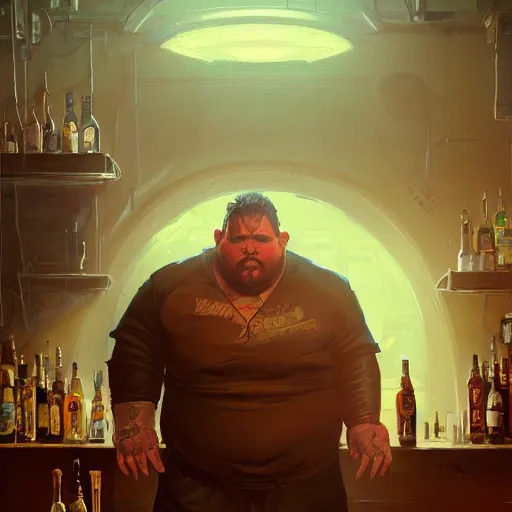 Image similar to portrait of an overweight cyborg barkeeper, ratz, neuromancer, bar background, painted by greg rutkowski, painted by igor kieryluk, high detail, dramatic light, digital art, trending on artstation