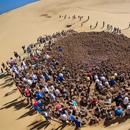 Prompt: photo, a huge massive group of people covered in a giant massive pile of sand