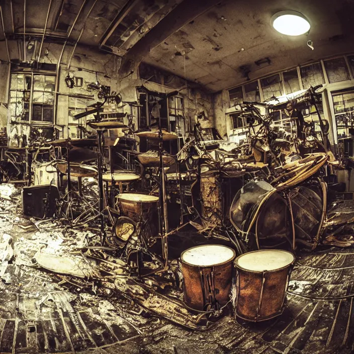 Prompt: “Broken Steampunk guitar, keyboard and drums in abandoned factory. Minimalistic. Cinematic lighting. Old torn photograph. Fisheye lens.”