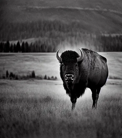 Image similar to Award winning Editorial photo of an american bison in yellowstone by Edward Sherriff Curtis and Lee Jeffries, 85mm ND 5, perfect lighting, gelatin silver process