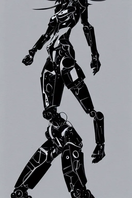 Image similar to fashion robot character design by yoji shinkawa, sharp lines, highly detailed, full body shot