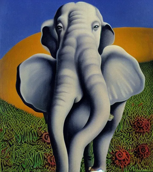 Image similar to slavic pagan elephant god by combined styles of rene magritte and salvadore dali