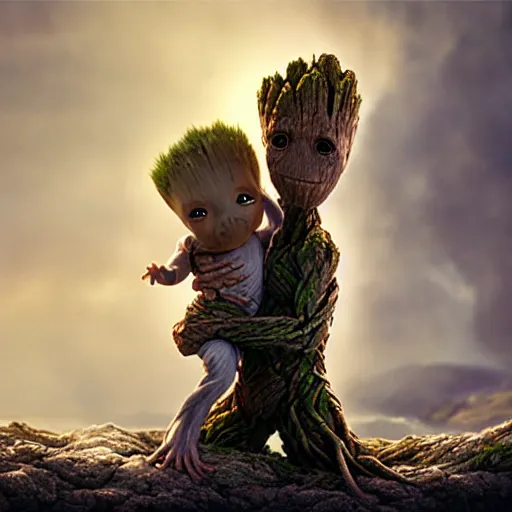 Prompt: photo realistic image of a baby groot giving baby yoga a piggyback ride, stunning 3 d render inspired art by istvan sandorfi and greg rutkowski, perfect facial symmetry, realistic, highly detailed attributes and atmosphere, dim volumetric cinematic lighting,