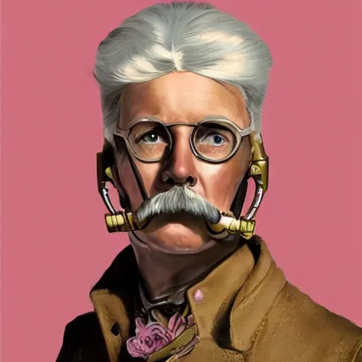 Image similar to 6 0 - year - old charles elmer rip taylor jr as a cyborg, blonde wig, handlebar moustache, portrait, western, steampunk, pink duster, fantasy, intricate, elegant, highly detailed, digital painting, artstation, concept art, sharp focus, illustration, art by artgerm and greg rutkowski and alphonse mucha