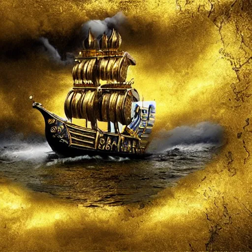 Image similar to Extremely detailed photo-realistic Beautiful Pirate Golden Galleon encrusted with gold and gems flying the JollyRoger flag, by erik johansson in a stormy sea